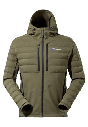 Grüne wattierte Jacke mit passender Kapuze, Reißverschlusstaschen und schwarzen Akzenten; die gesteppten Texturen stehen im Kontrast zu dem glatten Stoff.