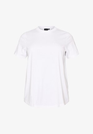 Prosty biały T-shirt z krótkim rękawem, okrągłym dekoltem, luźnym krojem i czarną metką z tyłu wewnątrz kołnierza.