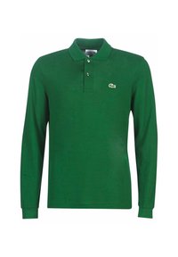 Polo a maniche lunghe verde scuro con colletto a risvolto, patta con due bottoni e piccolo logo ricamato sul lato sinistro del petto.