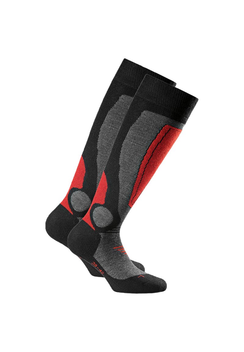 Schwarz-graue knielange Socken mit roten Akzenten, die ein strukturiertes Design und verstärkte Bereiche an Ferse und Zehen aufweisen.