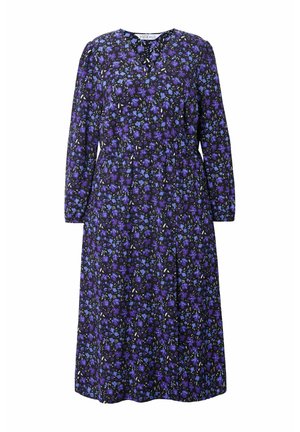 Abito floreale con maniche lunghe, scollatura a V e sfondo nero. Il motivo include fiori viola e blu con accenti bianchi.