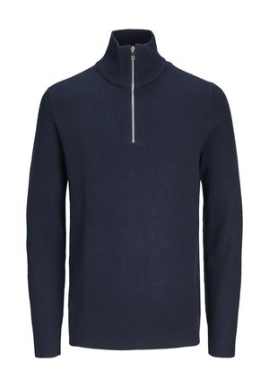 Pull en tricot côtelé bleu marine avec un col haut et une demi-fermeture éclair à l'avant. Manches longues avec des poignets ajustés. Texture douce.
