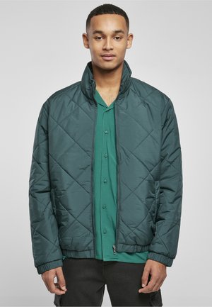 Ung mann iført en mørkegrønn vattert jakke over en grønn skjorte med knapper, stående foran en ensfarget lys grå bakgrunn.