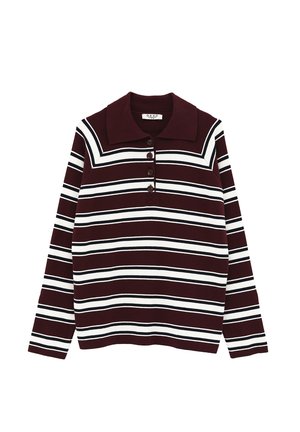 Polo met lange mouwen, met horizontale strepen in bordeauxrood en wit, een kraag en vier donkere knopen aan de voorkant. Zacht katoenen materiaal.