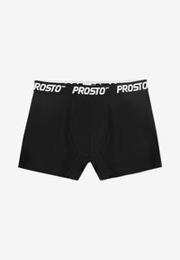 Czarne bokserki męskie z miękkim, elastycznym pasem z nazwą marki "PROSTO" w kolorze białym. Gładka tkanina, dopasowany krój.