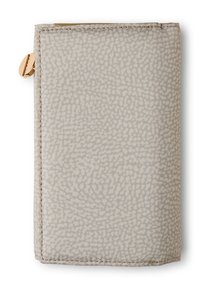 Light gray wallet with a textured surface, finished with contrasting stitching and a gold-tone zip closure. Compact rectangular design.