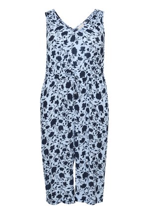 Blomsterbroderet jumpsuit i lyseblå stof med marineblå blomstermønster. V-hals, ærmeløs design, elastisk talje og justerbar snøre detalje.