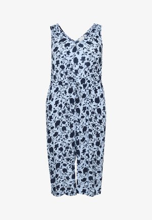 Blomsterbroderet jumpsuit i lyseblå stof med marineblå blomstermønster. V-hals, ærmeløs design, elastisk talje og justerbar snøre detalje.