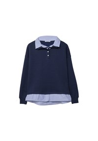 Marinblå sweatshirt med ett randigt blått krageunderlag, som har tre knappar vid halsen och ribbade mudd.