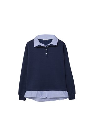Felpa blu navy con uno strato sottostante a collare a righe blu, dotata di tre bottoni sul collo e polsini a coste.