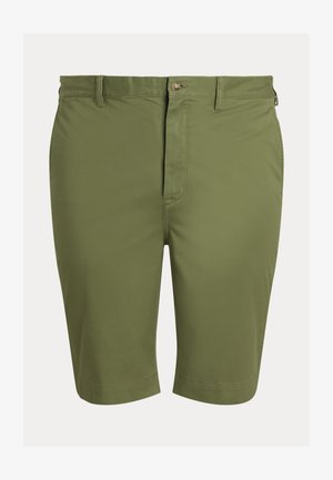 Alyvuogių žalių šortai iš medvilnės mišinio audinio, su užtrauktuku, sagomis ir tiesiu kirpimu. Lygi tekstūra ir švarios linijos.