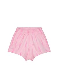 Roze shorts van zachte stof met een tie-dye patroon, voorzien van een elastische tailleband en zijzakken. Kortere snit met een ontspannen pasvorm.
