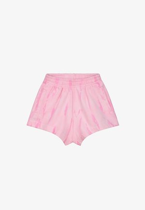 Roze shorts van zachte stof met een tie-dye patroon, voorzien van een elastische tailleband en zijzakken. Kortere snit met een ontspannen pasvorm.