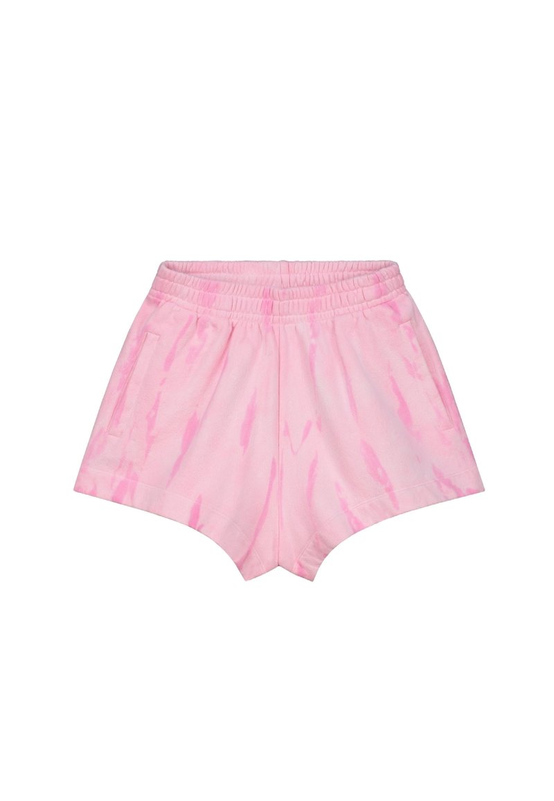 Roze shorts van zachte stof met een tie-dye patroon, voorzien van een elastische tailleband en zijzakken. Kortere snit met een ontspannen pasvorm.