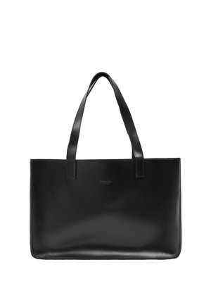 Sac cabas rectangulaire en cuir noir avec deux longues anses et une finition lisse et brillante.