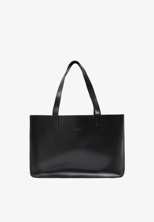 Sac cabas rectangulaire en cuir noir avec deux longues anses et une finition lisse et brillante.