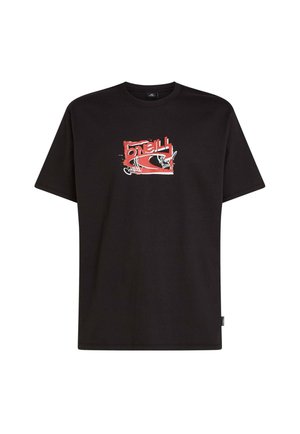 Černé bavlněné tričko s červenobílým grafickým potiskem s textem "O'Neill" a abstraktními vzory na přední straně. Krátké rukávy, kulatý výstřih.