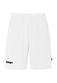 Witte sportshorts van ademend materiaal, met een elastische tailleband en een zwart "Kempa" logo op het linkerpijp.