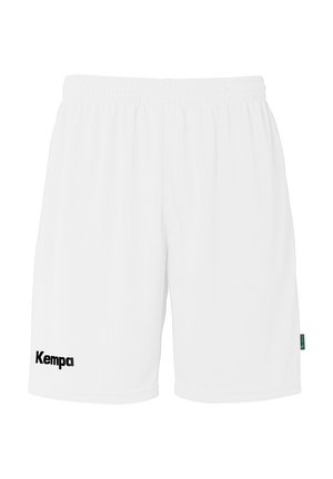 White athletic shorts made of breathable fabric, featuring an elastic waistband and a black "Kempa" logo on the left leg.