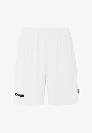 Witte sportshorts van ademend materiaal, met een elastische tailleband en een zwart "Kempa" logo op het linkerpijp.