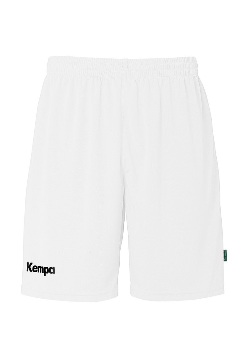 Witte sportshorts van ademend materiaal, met een elastische tailleband en een zwart "Kempa" logo op het linkerpijp.