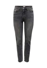 Jean noir taille haute en denim. Coupe ajustée, légère décoloration et petit détail usé sur la cuisse droite.