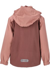 Vandafvisende jakke i to nuancer: varm pink og brun. Har hætte, elastiske manchetter og et ZigZag-logo på den nederste ryg.
