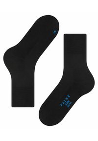 Black ankle socks made of a smooth fabric. Features blue "R" and "FALKE RUN" text detailing. Consistent design with a cushioned footbed.