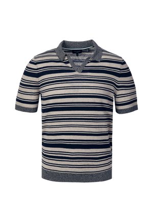 Polo a maniche corte con righe orizzontali blu navy e beige, colletto, polsini e orlo grigi, mostrata su uno sfondo bianco.