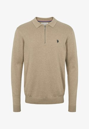 Bézs hosszú ujjú poló pulóver negyed cipzárral az elején és kis sötét hímzett logóval a bal mellkason.