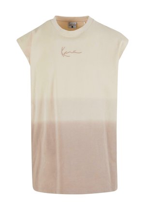 T-shirt oversize beige clair, en coton, avec un design dégradé allant du beige clair au beige plus foncé, et un logo brodé discret à l'avant.