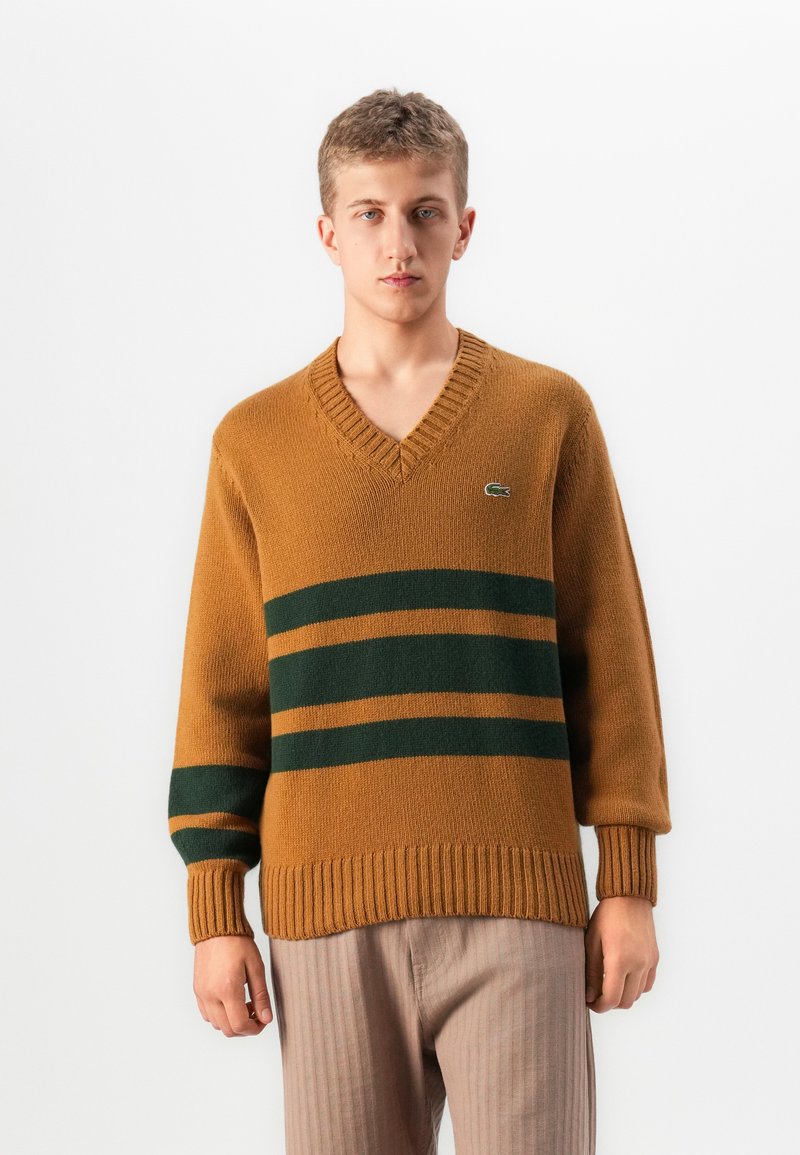 Young man wearing a brown V-neck sweater with dark green horizontal stripes and beige pants, standing against a plain white background.