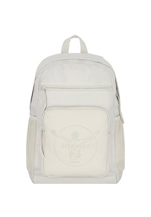 Hellgrauer Rucksack aus glattem Stoff, mit einem Reißverschluss-Frontfach, Netz-Seitentaschen und geprägtem Logo-Detail auf der Vorderseite.