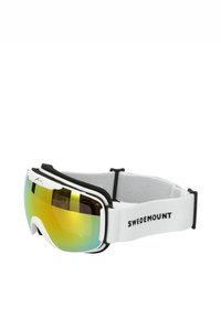 Ski goggles with a white frame, mirrored yellow-tinted lens, and a black adjustable strap featuring "SWEDEMOUNT" logo. Soft inner padding.