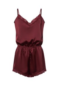 Burgundowy satynowy kombinezon z regulowanymi ramiączkami na cienkich szelkach, koronkowym wykończeniem wzdłuż dekoltu oraz elastycznym pasem dla luźniejszego dopasowania.