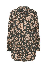Blouse vert foncé avec imprimé animal beige clair, dotée d'un décolleté en V, de manches longues et d'une coupe décontractée. Tissu léger au toucher doux.