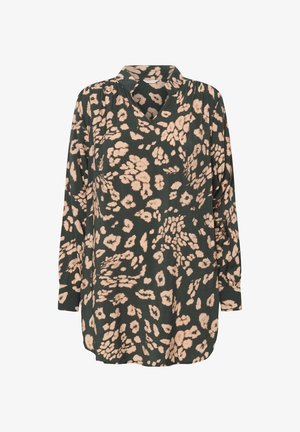 Blouse vert foncé avec imprimé animal beige clair, dotée d'un décolleté en V, de manches longues et d'une coupe décontractée. Tissu léger au toucher doux.
