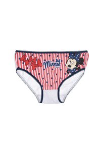 Gestreifte Mädchenunterwäsche in Rot und Weiß mit dunkelblauen Punkten, verziert mit einer bestickten Minnie Mouse und roten Schleifen. Dekorative Spitzenbordüre.