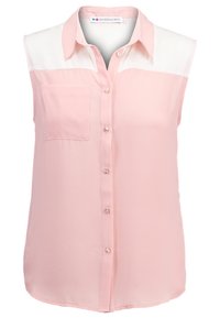 Light pink sleeveless blouse with a white yoke, single chest pocket, and a button-down front. Smooth fabric with a subtle sheen.