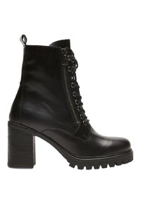 Botine negre din piele, cu toc masiv, fermoar pe lateral și șireturi în față. Prezintă o suprafață texturată și o talpă cu profil dur.