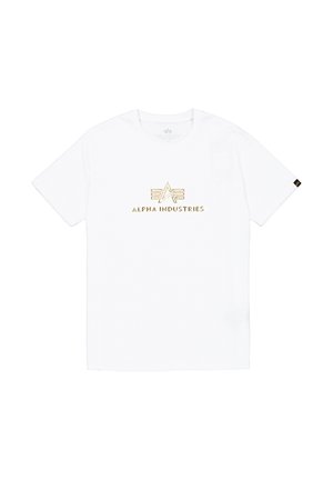 Biela bavlnená tričko s vyšívaným zlatým logom "ALPHA INDUSTRIES" na strede. Krátke rukávy a dizajn s okrúhlym výstrihom.
