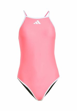 Vaaleanpunainen yksiosainen uimapuku, jossa on ohuet hihnat, valkoinen tyylittely ja mustat korostuspaneelit. Ominaisuuksiin kuuluu urheilullinen muotoilu ja sileä, joustava kangas.