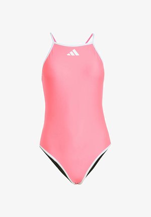 Costume intero rosa con spalline sottili, bordo bianco e pannelli neri. Presenta un design atletico e un tessuto morbido e elasticizzato.