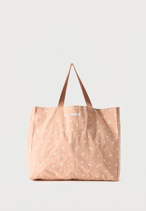 Light brown tote bag with white cherry and heart patterns, two shoulder straps, and a small "LIEWOOD" label on the front.