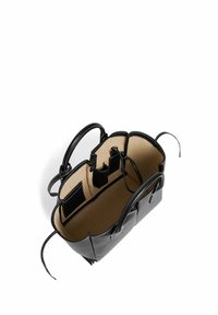 Borsa a tracolla in pelle nera con doppi manici, bordi superiori a onde e interno beige. Contiene scomparti e tasche aggiuntive per l'organizzazione.