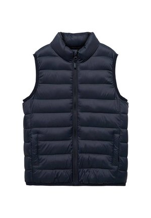 Navyblå quiltet, ærmeløs dunvest med frontlynlås og to sidelommer, med en høj krave for ekstra varme.