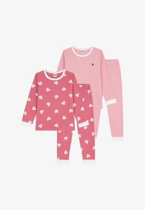 Kinderpyjama set met een roze top met witte hartjes en een gestreepte roze top. Beide met witte boorden en bijpassende roze broek. Zacht materiaal.