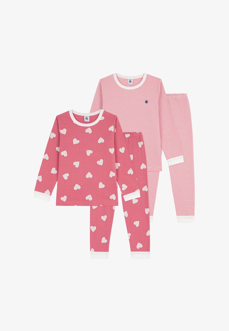 Kinder-Pyjama-Set mit einem rosa Oberteil mit weißen Herzen und einem gestreiften rosa Oberteil. Beide mit weißen Bündchen und passenden rosa Hosen. Weiches Material.