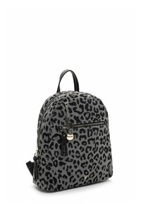 Leopard-print backpack in gray fabric with black accents. Features a top handle, front zip pocket, gold hardware, and keychain detail.