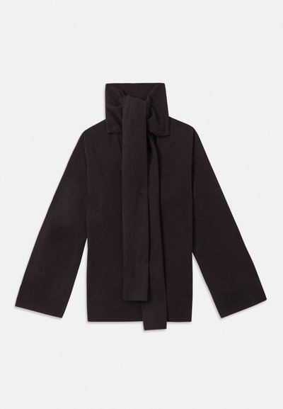 Haut marron foncé avec un large col noué, des manches longues et une coupe décontractée ; fabriqué à partir d'un tissu lisse et doux sans motifs visibles.